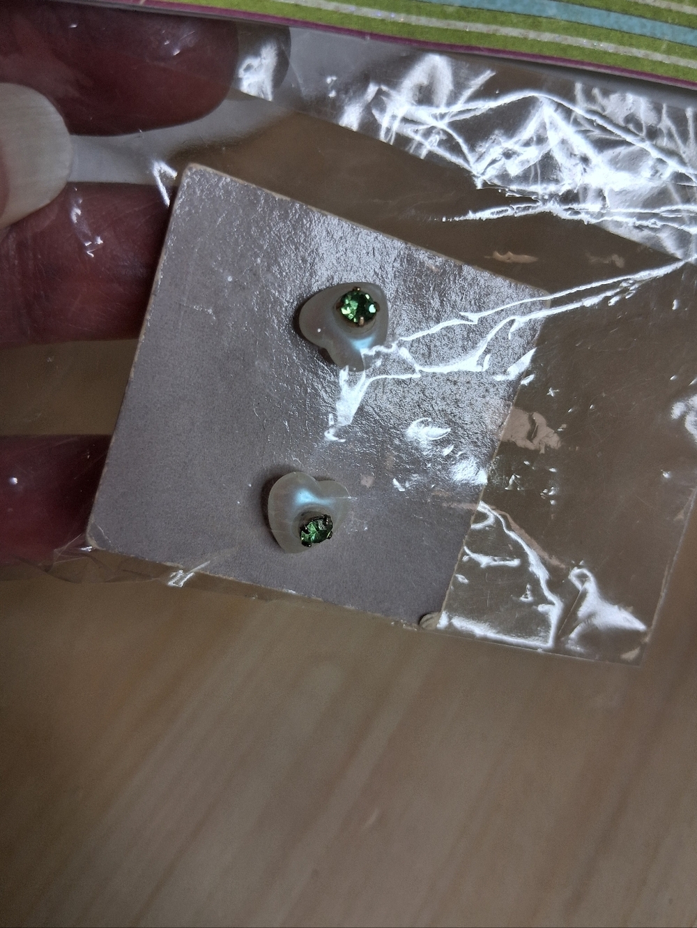 Vintage Avon Pearlescent Heart Stud Earrings with Green Peridot Crystal Studs